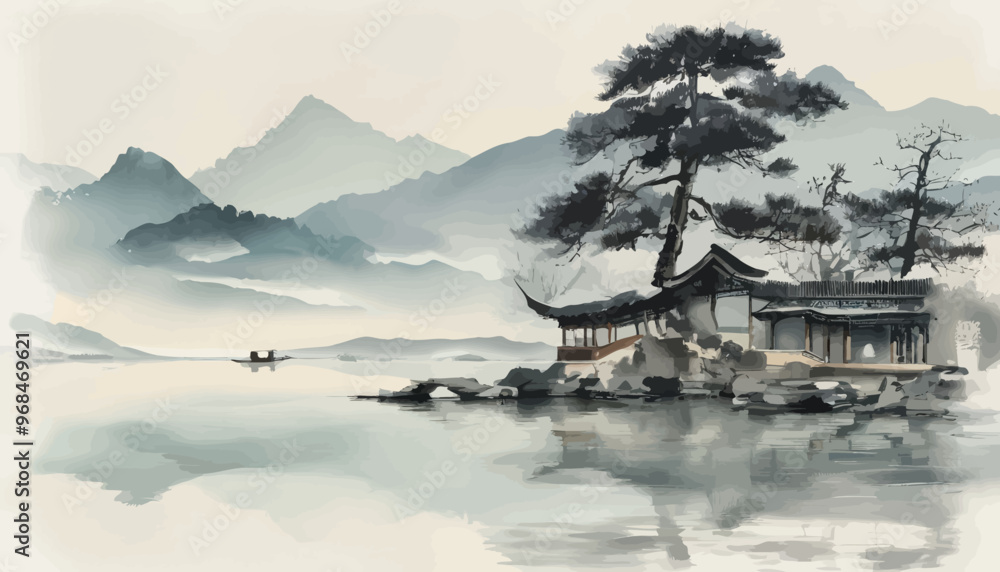 Chinese-style pavilion by the water, with misty mountains in the background Chinese-style pavilion by the water, with misty mountains in the background