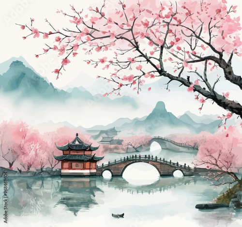Chinese-style bridge over a pink cherry blossom river, with traditional architecture in the background, under a mountainous sky