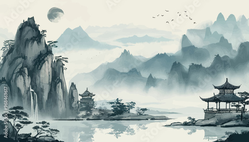 Chinese-style pavilion by a tranquil lake, with misty mountains and a full moon in the background