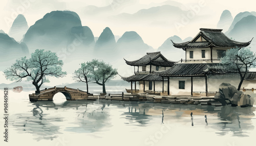 Chinese-style pavilion by the water with misty mountains in the background