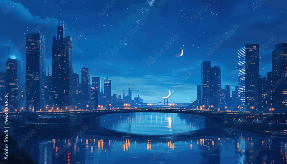 Fototapeta premium Cityscape at Night: Illuminated Skyline with Moon and Bridge Reflections
