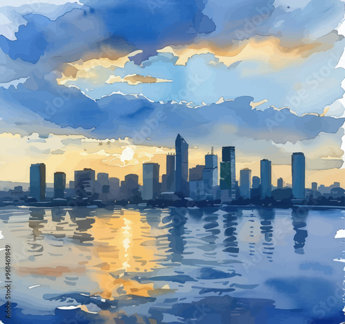 Cityscape at Sunset with Reflections on Water