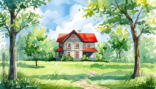 Colorful House in a Green Garden with a Stone Pathway