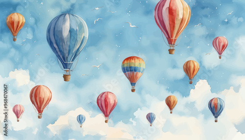 Colorful Hot Air Balloons Soaring in a Blue Sky with Clouds and Birds
