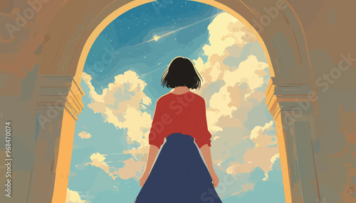 Contemplative Figure in Archway, Gazing at Starlit Sky