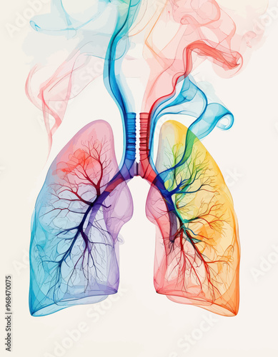 Colorful illustration of human lungs with vibrant blood vessels