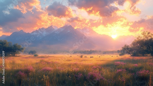 Serene sunset over mountains and a vibrant meadow filled with flowers.