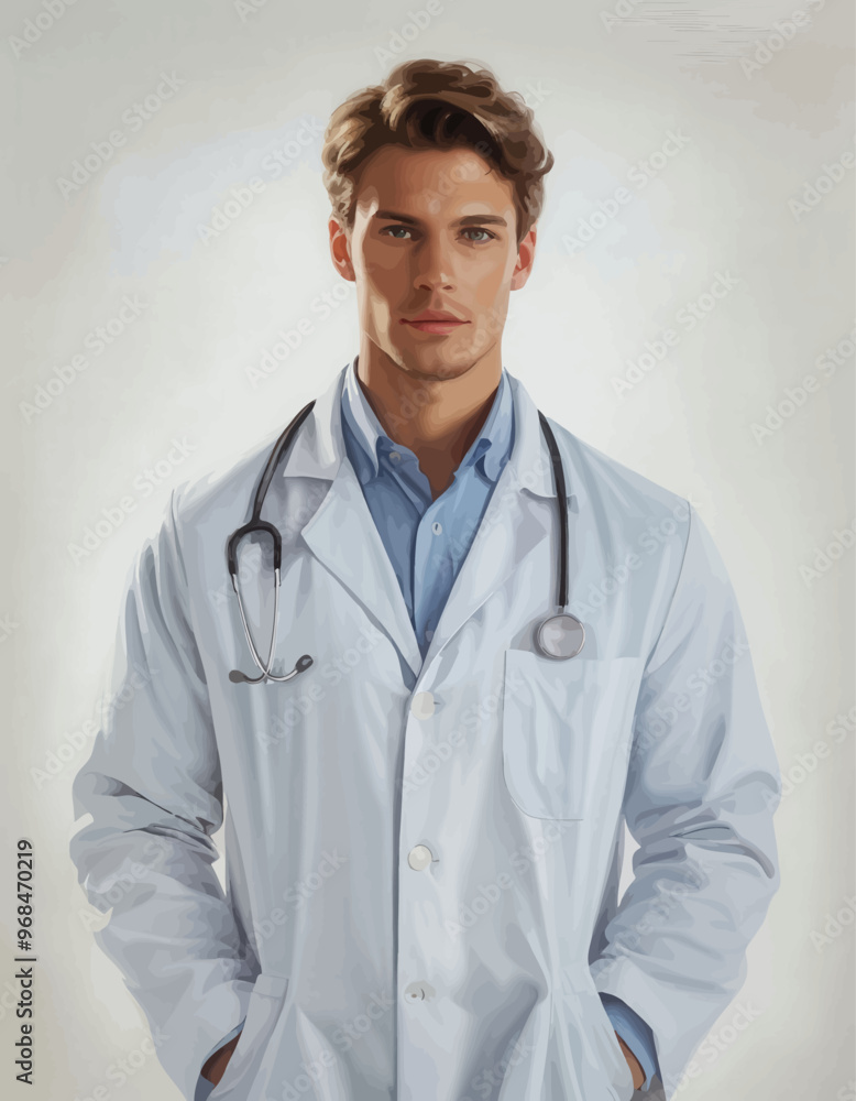 Doctor in White Coat with Stethoscope, Standing with Hands in Pockets Doctor in White Coat with Stethoscope, Standing with Hands in Pockets