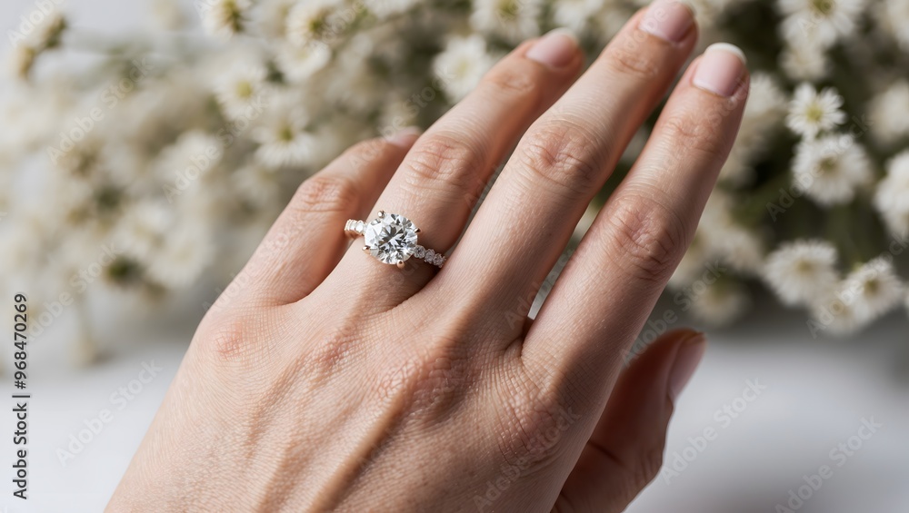 Close up of an elegant diamond ring on woman finger with white flower, sunlight and shadow background. love and wedding concept. Close up of an elegant diamond ring on woman finger with white flower, sunlight and shadow background. love and wedding concept.