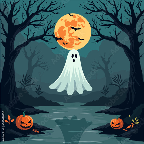  Vector illustration of a spooky ghost floating ominously on the river under a full moon