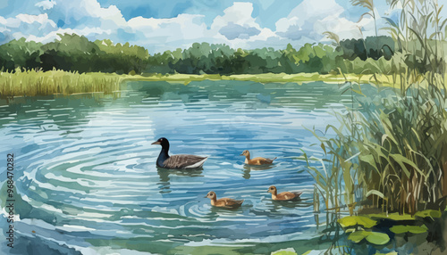 Duck Family Swimming in Pond