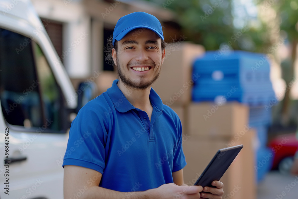 Smiling delivery man with packages and tablet