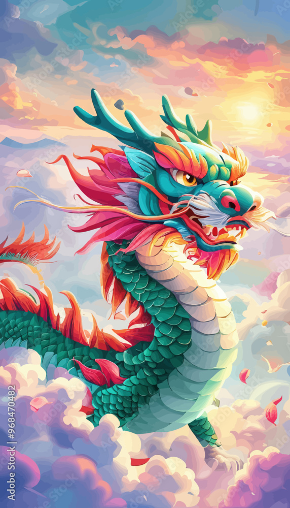 Obraz premium Fantastical Dragon Soaring Through Clouds