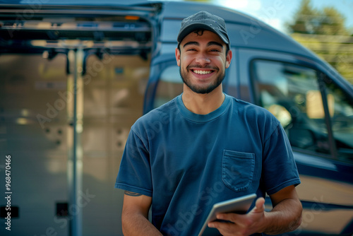 Smiling delivery man with packages and tablet