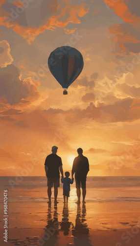 Family Walk on Beach at Sunset