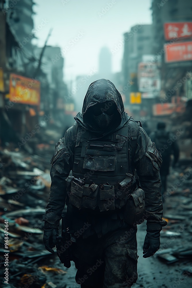 A lone soldier in a gas mask walks through a destroyed city. A lone soldier in a gas mask walks through a destroyed city.