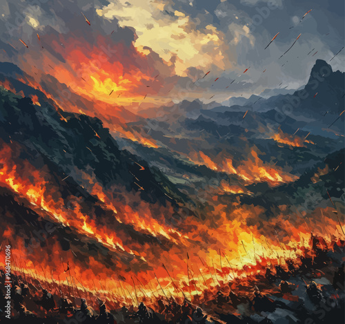 Fiery Mountain Range with Wildfire