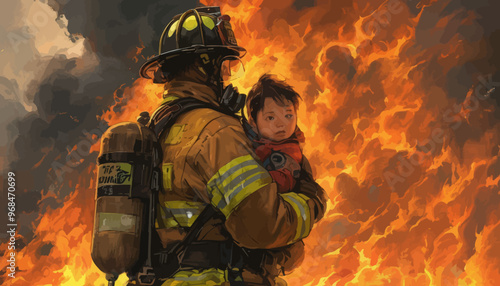 Firefighter and Child in Dangerous Fire Scenario