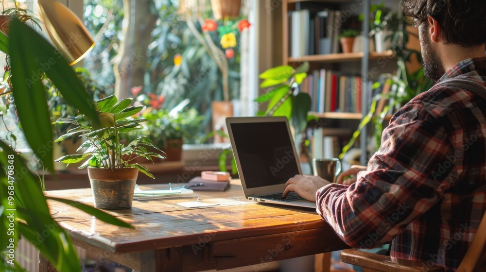 cozy workspace, home office, young man, laptop, indoor plants, wooden desk, natural light, casual style, productivity, working from home, greenery, creative environment, sunlight cozy workspace, home office, young man, laptop, indoor plants, wooden desk, natural light, casual style, productivity, working from home, greenery, creative environment, sunlight