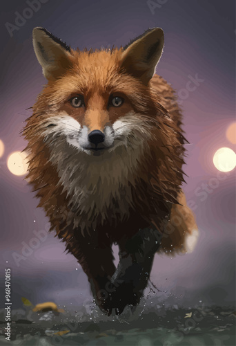 Fox Running Through Water at Night