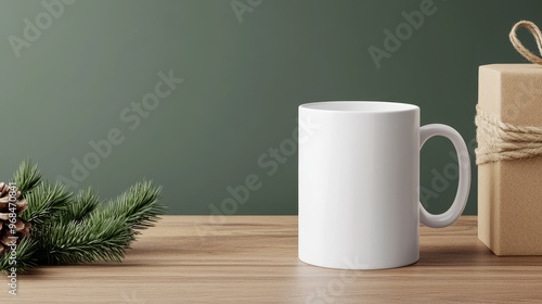 A white mug with a blank space for personalization, sitting on a wooden table with a festive gift box wrapped in brown paper and tied with twine. It is a perfect Christmas gift idea for friends and fa