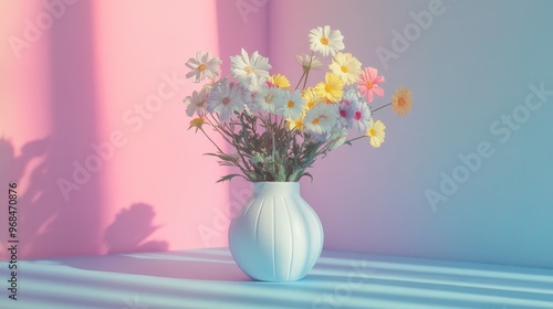 Wallpaper Mural A white vase filled with white and yellow flowers sits on a table against a backdrop of a pastel pink and blue wall. The soft light creates a gentle and calming ambiance, evoking feelings of serenity  Torontodigital.ca