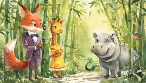 Friendly Fox, Giraffe, and Hippo in a Bamboo Forest