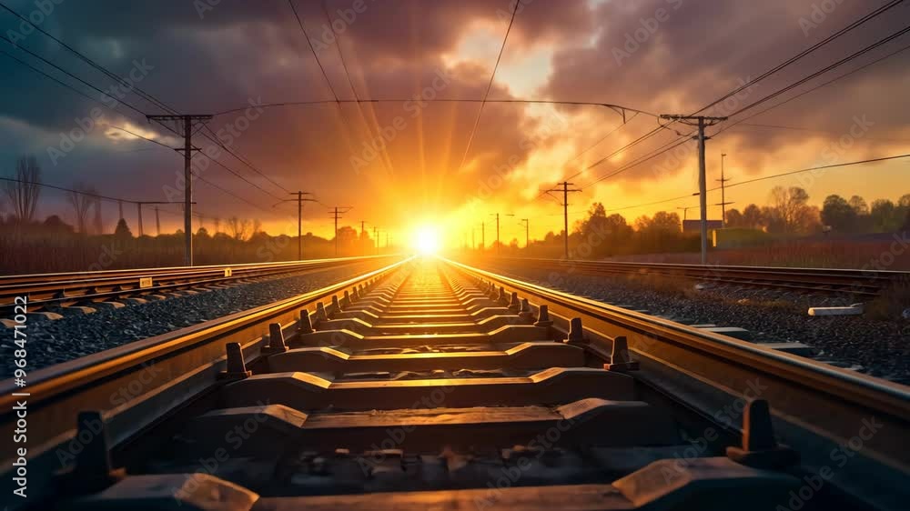 Sunset over railway tracks in a scenic landscape during the evening hours near a quiet town Sunset over railway tracks in a scenic landscape during the evening hours near a quiet town