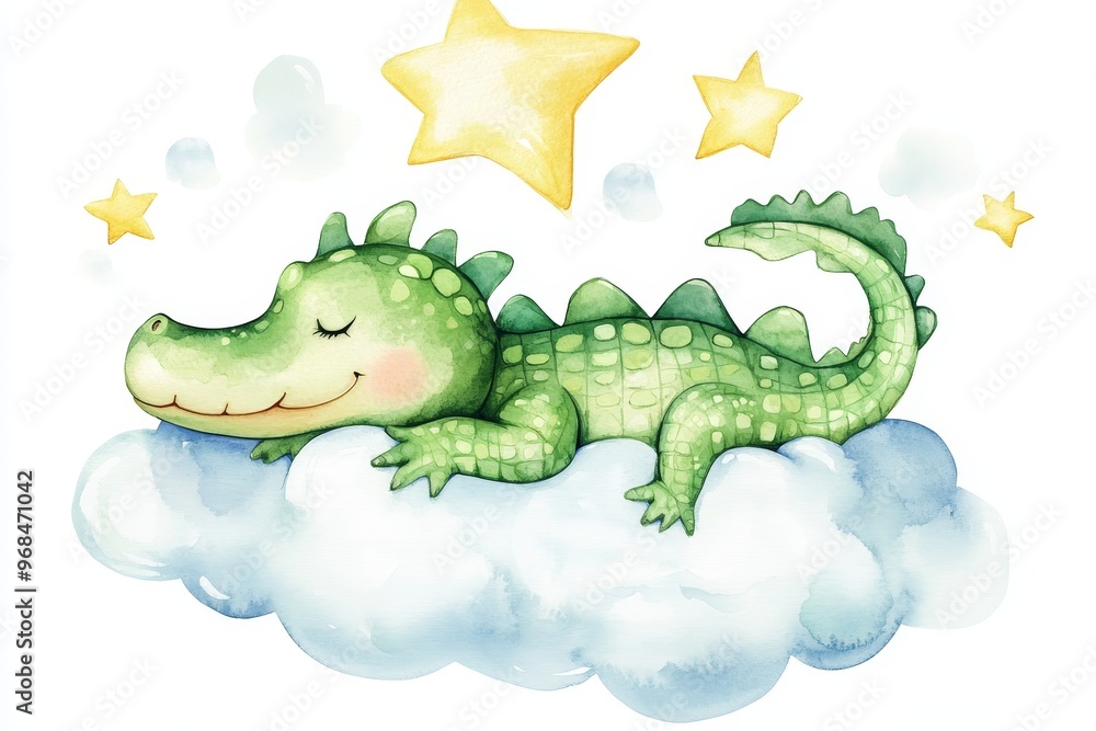 Obraz premium Adorable watercolor illustration of a green crocodile with closed eyes sleeping peacefully on a fluffy cloud, surrounded by twinkling stars. This charming image embodies innocence, dreams, and sweet s
