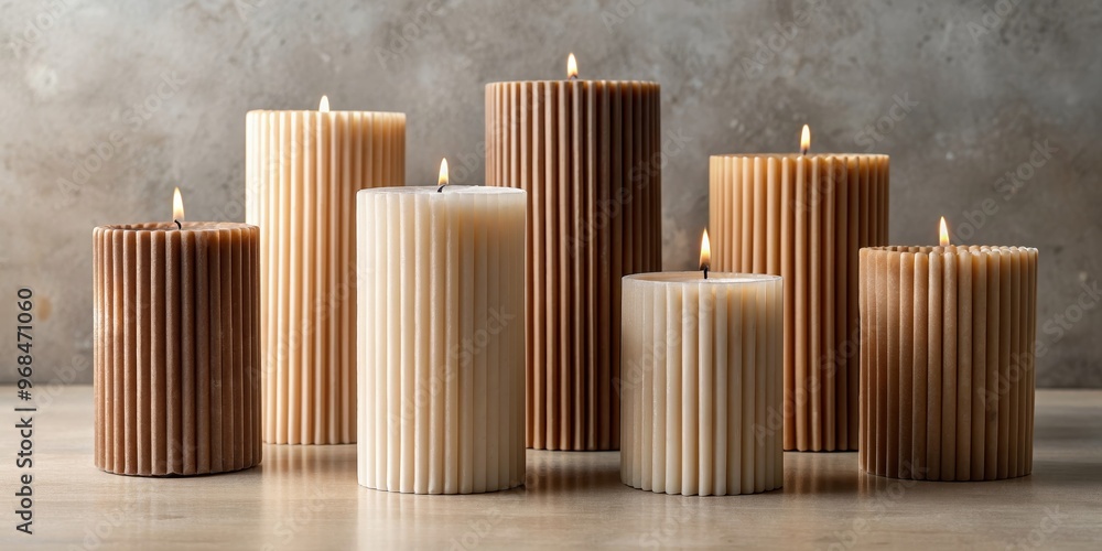 Obraz premium Trendy ribbed handmade candles in beige and brown wax for stylish contemporary home decor, handmade, candles, trendy, ribbed