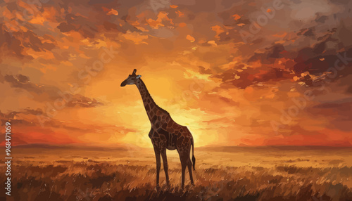 Giraffe silhouette against vibrant sunset sky