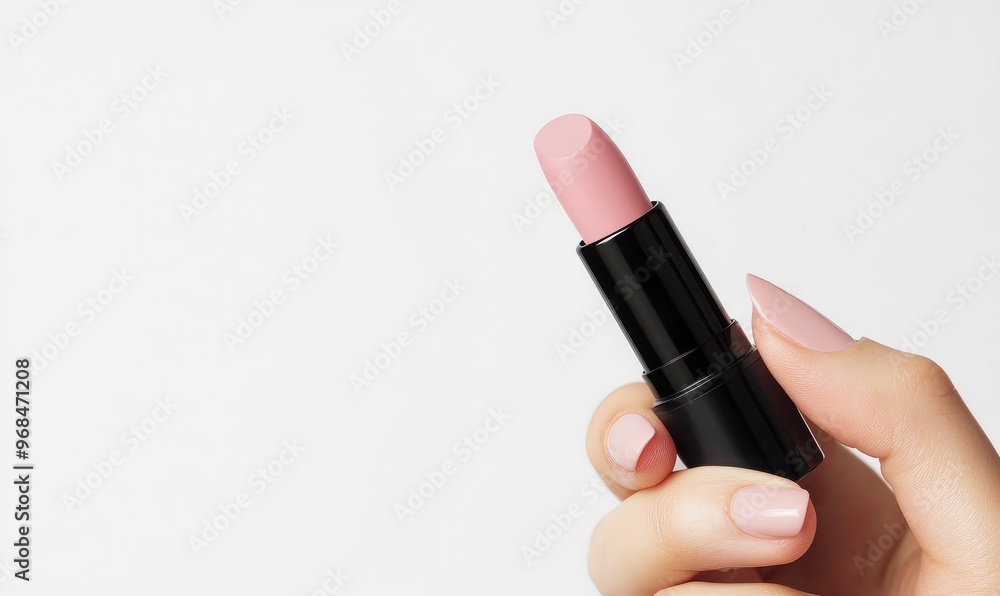 A hand holding a pink lipstick with a black tube. A hand holding a pink lipstick with a black tube.