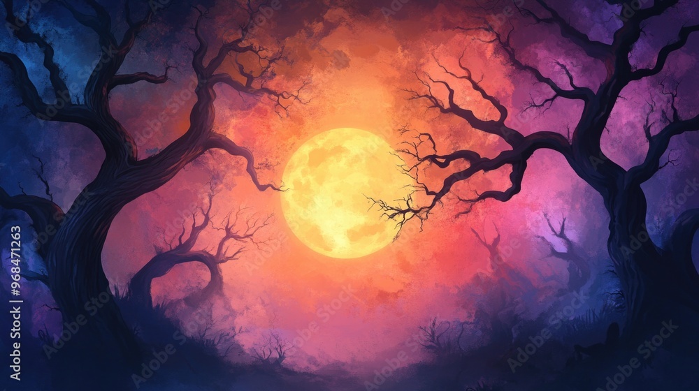 Halloween backdrop with twisted trees and spectral figures. Whimsical eerie lighting. Halloween backdrop with twisted trees and spectral figures. Whimsical eerie lighting.