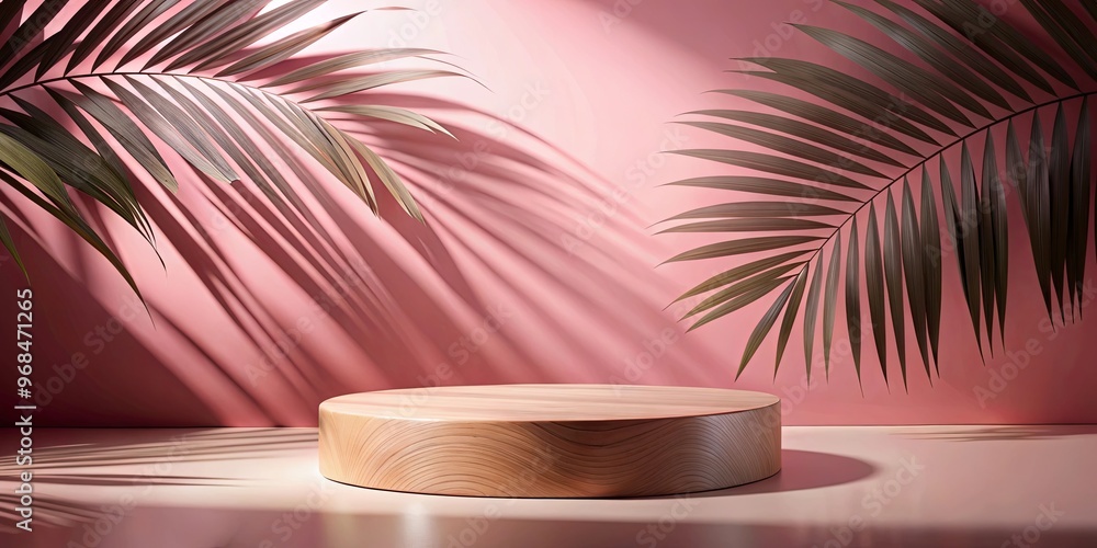 Wooden podium on shadowy pink palm leaf backdrop, tropical theme Wooden podium on shadowy pink palm leaf backdrop, tropical theme
