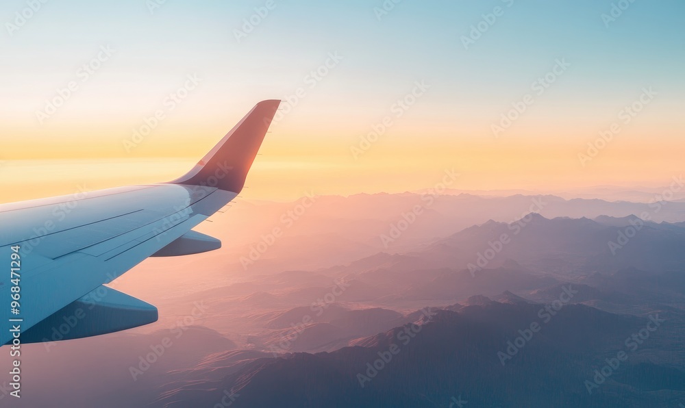 Obraz premium Airplane Wing and Sunset Over Mountain Range