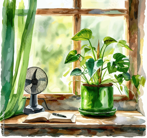 Greenhouse with potted plant and open book on windowsill