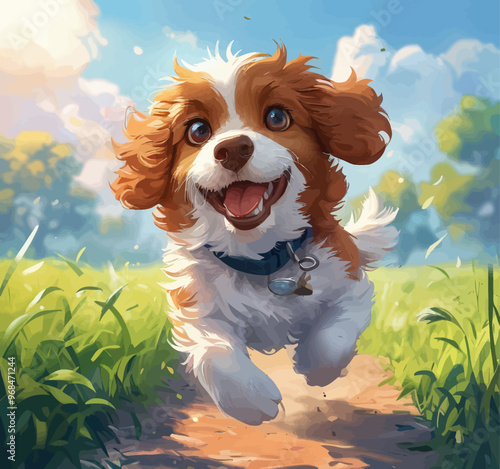 Happy dog running in a field