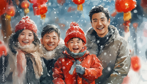 Happy Family in Winter Snow