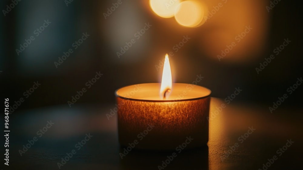 A Single Burning Candle on a Wooden Tabletop A Single Burning Candle on a Wooden Tabletop