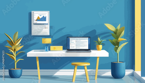 Modern Office Space with Blue Wall and Yellow Accents