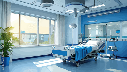Modern Hospital Room with Blue Accents and Large Window
