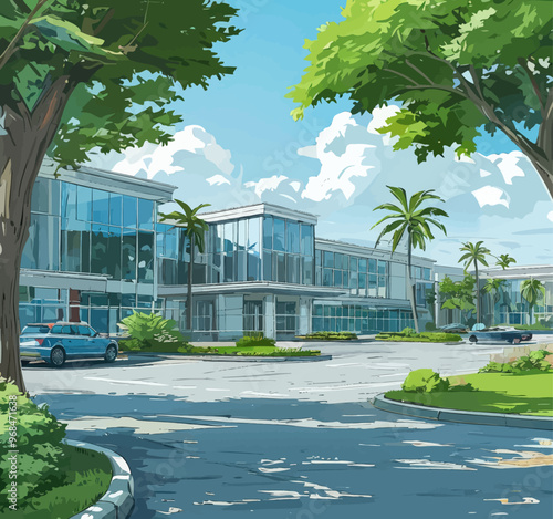 Modern Office Building with Palm Trees and Blue Sky