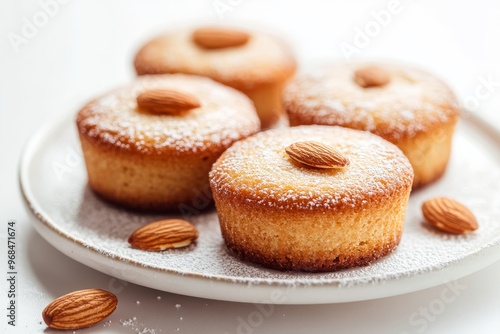 Wallpaper Mural Four golden-brown financiers, dusted with powdered sugar and topped with almonds, sit invitingly on a white plate.  A delicate French pastry, these financiers are perfect for a sweet treat or elegant  Torontodigital.ca