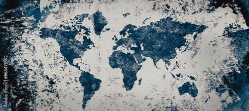 World map on old vintage rough paper. showing global issues of environment and political tensions. Continents and countries layered with paint and ink.