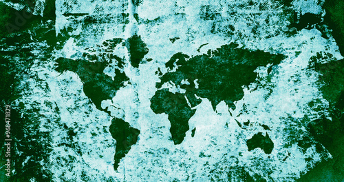 World map on old vintage rough faded green paper. Continents and countries layered with paint and ink like the color of money. photo