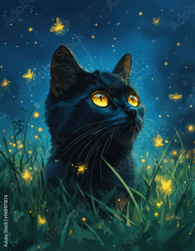 Mystical Night: A Black Cat's Eyes Glow in the Dark