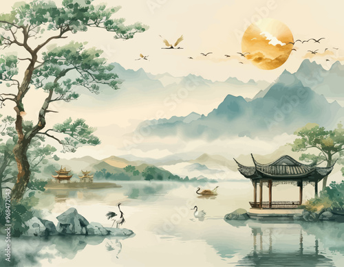Peaceful Asian Garden Scene with Pavilion, Birds, and Mountains
