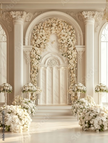 This image showcases a beautifully decorated wedding ceremony space featuring a grand archway adorned with white flowers, elegant columns, and a pristine white backdrop, symbolizing love, purity, and 