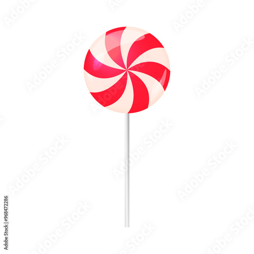 Lollipop isolated vector illustration. Round red and white Christmas candy on stick. Traditional swirl dessert, spiral sweet treat