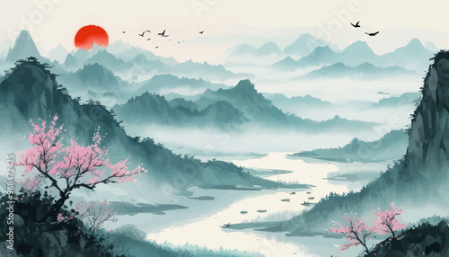 Peaceful Scenery of a Mountainous Valley with a Sunset and Birds